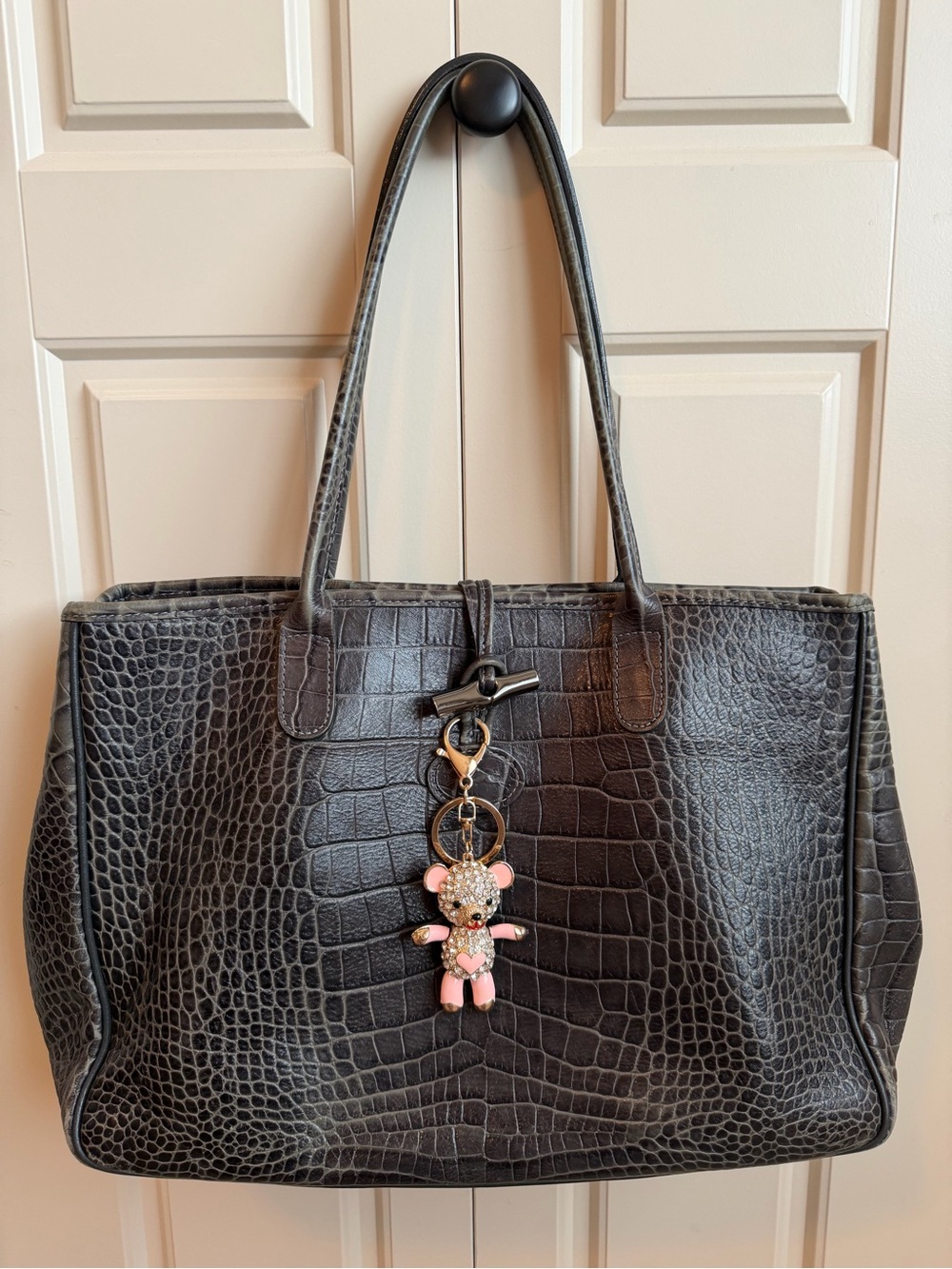 Longchamp Roseau Gray Croc Embossed Genuine Leather shoulder Bag Purse RARE!